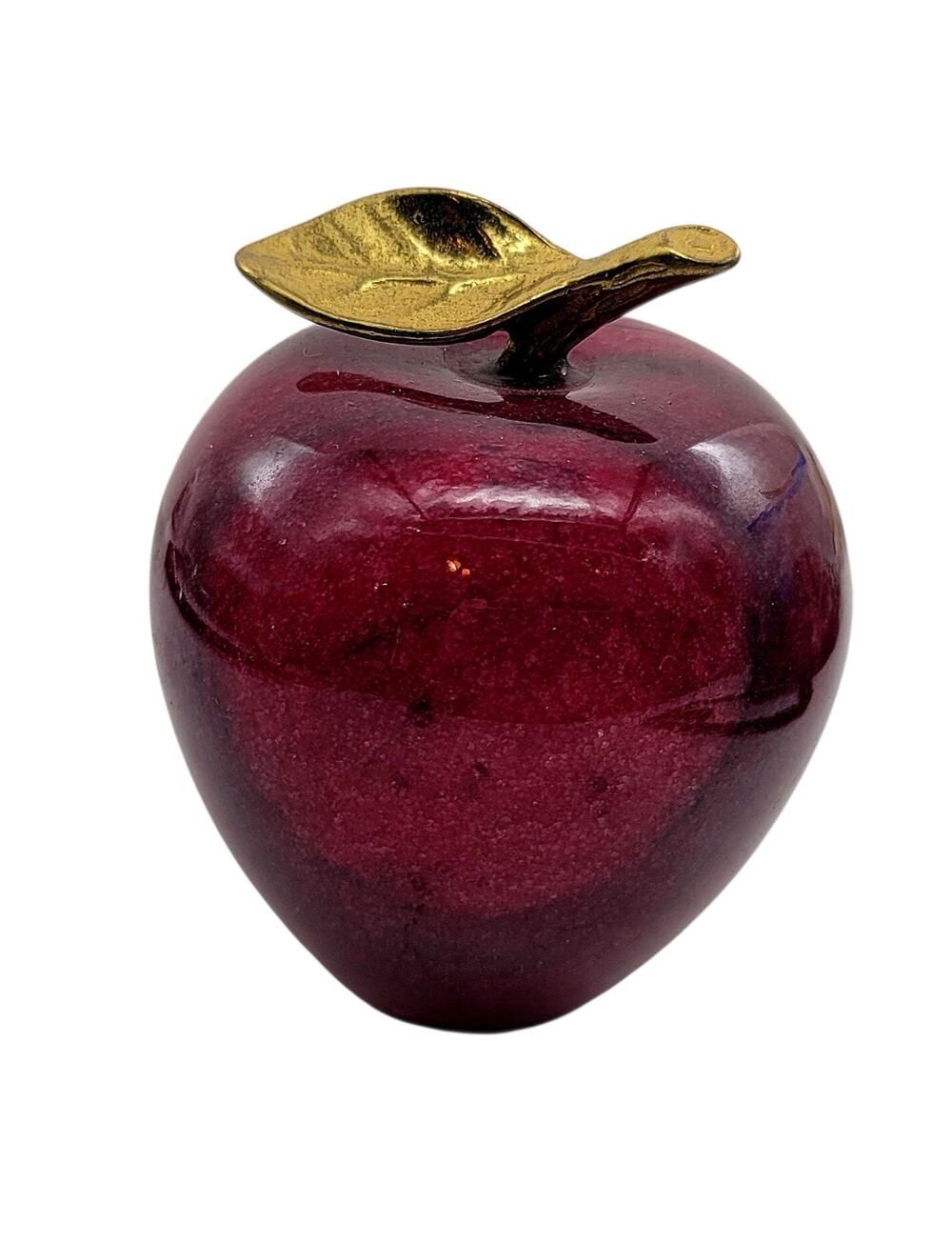 Vtg Red Marble Stone & Brass Apple Shaped Paperweight Teacher Gift 3.5" GRS